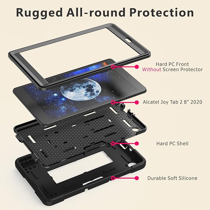 Case for for Alcatel Joy Tab 2 Tablet 8-inch 2020 Release (Model: 9032Z) - [Built-in Kickstand] Shockproof Silicone Protective Cover with Screen Protector (Black/Black/1 PC)
