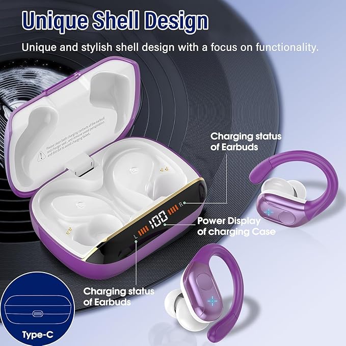 Wireless Earbuds Bluetooth 5.4 Headphones 75H Stereo Deep Bass Sports Over Ear Buds with Earhooks LED Display Bluetooth Earbuds with 4 ENC Mic IP7 Waterproof Earphone for RunningDark Purple