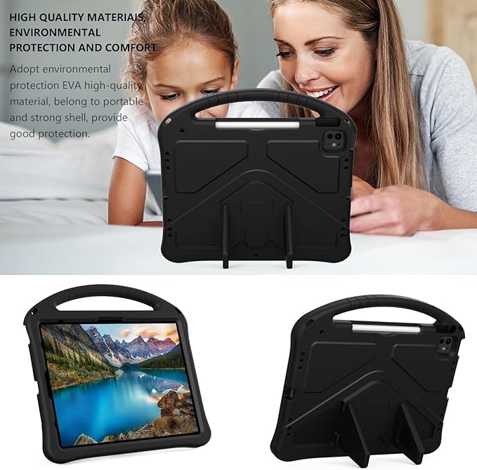 Case for iPad Air 13 inch (M2/M3) 2024/2025 for iPad Pro 13 inch (M4) 2024/12.9 inch (M2) 2022 EVA Shockproof Cover with Strap Handle Stand Black