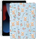 Cute Kawaii Bear Flower Bow for iPad Air 11 Inch Case 7th/6th Generation (M3/M2) 2025/2024 with Pencil Holder Auto Sleep/Wake Blue Leather Soft TPU Back Cover
