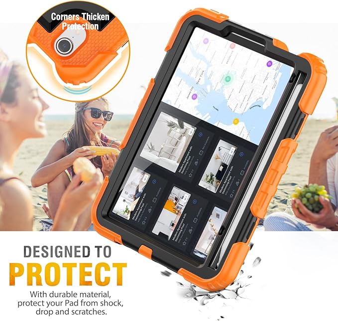 HXCASEAC Case for iPad mini 7 (A17 Pro) / iPad mini 6 Case 8.3 inch Full Body Protective with Pencil Holder Carrying Strap Hand Strap Protector 360 Rotating Stand A2995 A2993 A2567 A2568 Orange