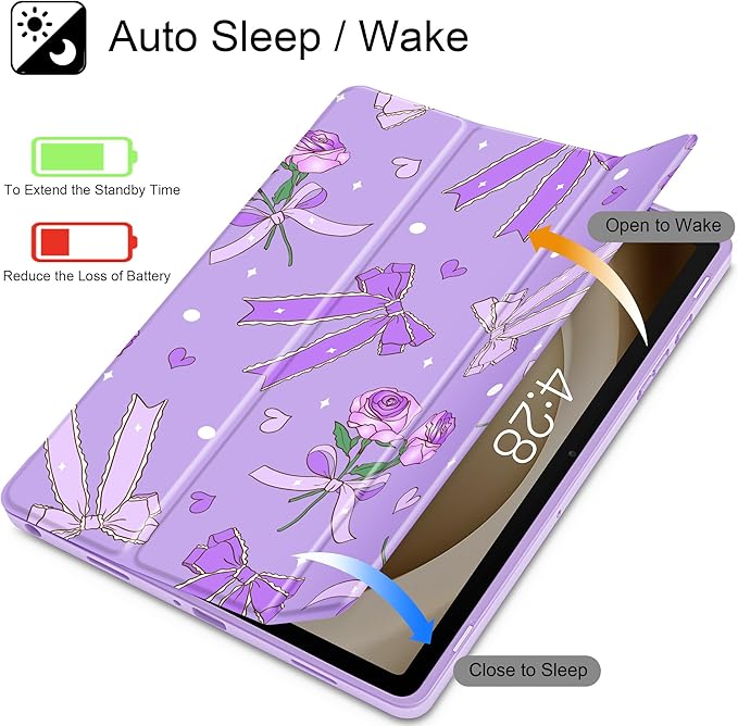 Tuiklol for Samsung Galaxy Tab A9+ Tablet 11” / A9+ Plus 2024 2023Buit-in S-Pen Holder with Clear Protective Cover Transparent Back Shell Auto Wake/Sleep Samsung Tab A9 Plus CoverBow &amp Rose Purp