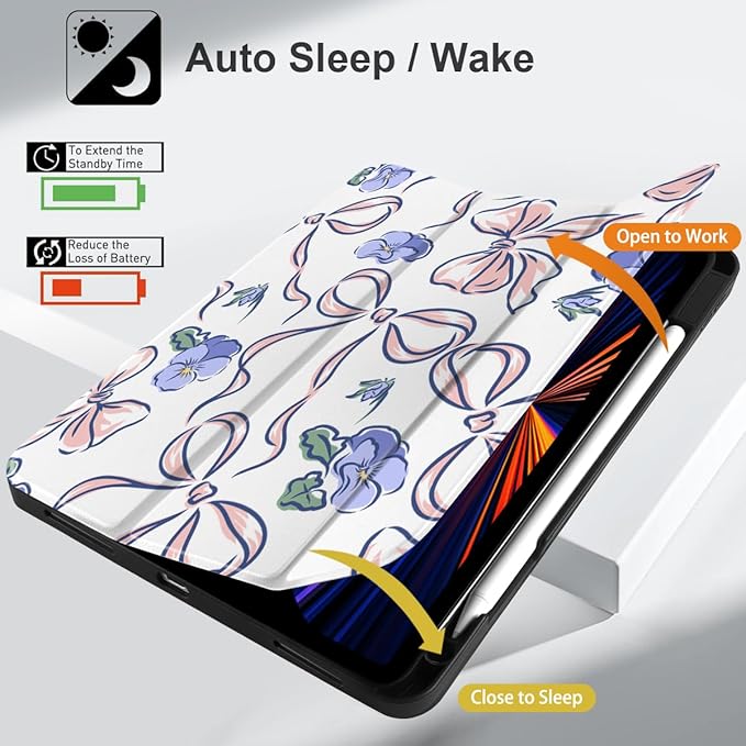 DONGKE Case for 2022/2021/2020/2018 iPad Pro 11 inch Gen 4/3/2/1 - Slim Protective Case - Built in Pencil Holder Support Charging - Trifold Stand &amp Sleep/Wake Cover- Pansies Flower