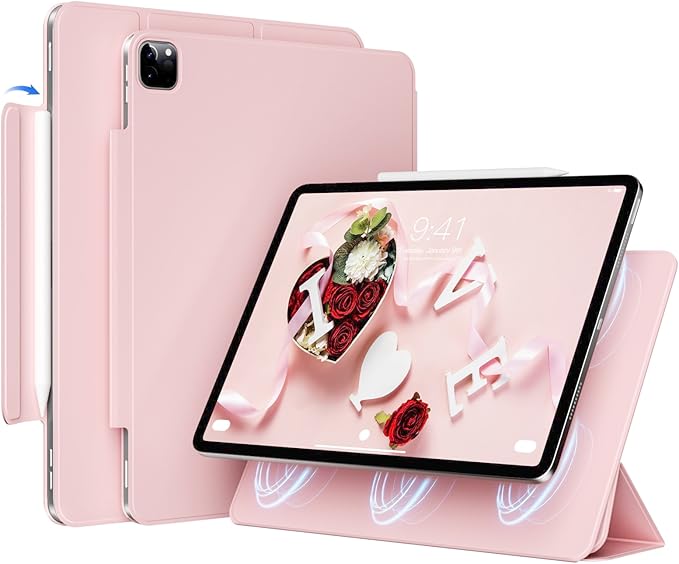 Magnetic Case for iPad Air 13 Inch M3/M2 (2025/2024) iPad Pro 12.9 inch 6th/5th Generation (2022/2021) | Auto Sleep/Wake | Pencil Pro &amp USB-C | Non-Slip PU Leather Protective Cover Pink