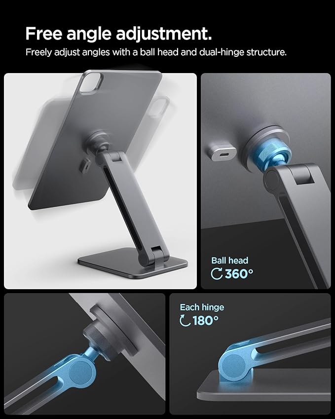 Spigen for Magnetic Wireless Charging Stand Compatible with iPad Air11 M3/M2 10.9 Pro 11 Gen 2/3/4 Foldable Adjustable Aluminum Pogo Pin Charger Tablet Holder Desk Mount - Space Gray (LD207W1)