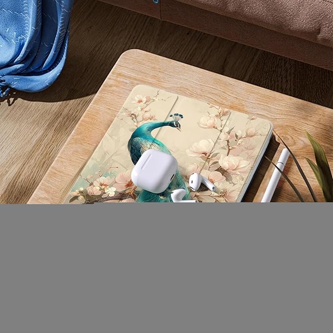Aesthetic Flower Peacock Case for Ipad Pro 13 Inch M4 2024 Gorgeous Floral Bird Cover Chic Shell Auto Sleep/Wake Anti-Slip Shockproof Cover with Clear Back &amp Pencil Holder(Girls Women)