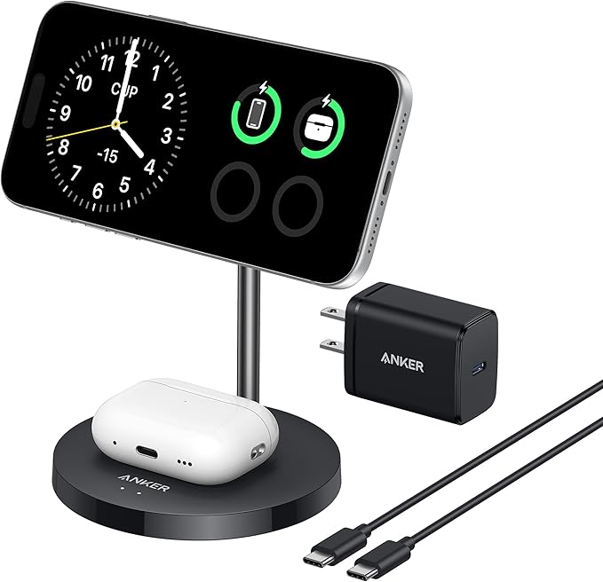 Anker MagSafe Compatible MagGo Charger Stand iPhone 17 Wireless Charger 2-in-1 Charging Station Qi2 Certified 15W Fast Charging for iPhone 17/16/15/14/13/12 AirPods Pro (40W Adapter Included)