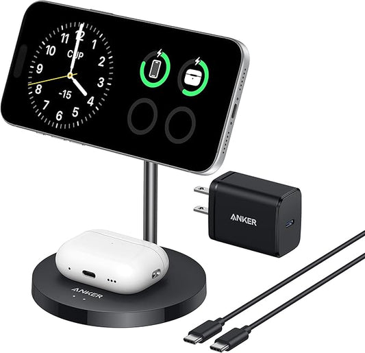 Anker MagSafe Compatible MagGo Charger Stand iPhone 17 Wireless Charger 2-in-1 Charging Station Qi2 Certified 15W Fast Charging for iPhone 17/16/15/14/13/12 AirPods Pro (40W Adapter Included)