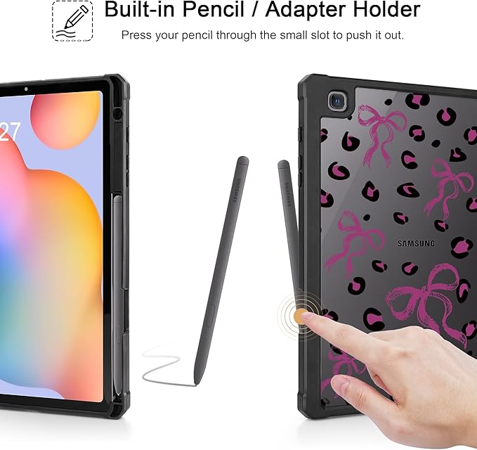 Mektron Case for Samsung Galaxy Tab S6 Lite 10.4 Inch 2024/2022/2020 with S Pen Holder Multi-Angle Viewing with Shockproof Cover Clear Shell + Trifold Stand + Auto Wake/Sleep Composition Book-Bows