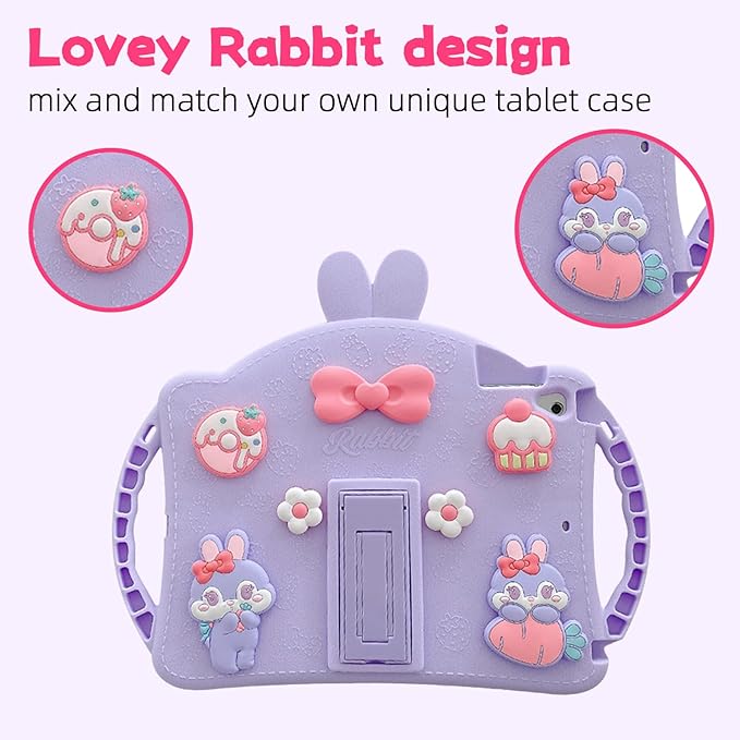for iPad A16 Case/10th Generation Case Girls Teens Cute Cartoon 10.9 Inch 2022 Tablet Cover with Adjustable Shoulder Straps and Handle Cute Rabbit Soft Silicone Tablet Cover(Purple)
