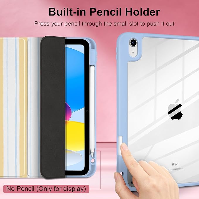 Case for iPad A16 11th Generation 11 inch 2025 iPad 10th Generation 10.9 inch 2022 -[Built-in Pencil Holder] Shockproof Clear Hard Back Trifold Stand Auto Wake/Sleep Watercolor Stripes