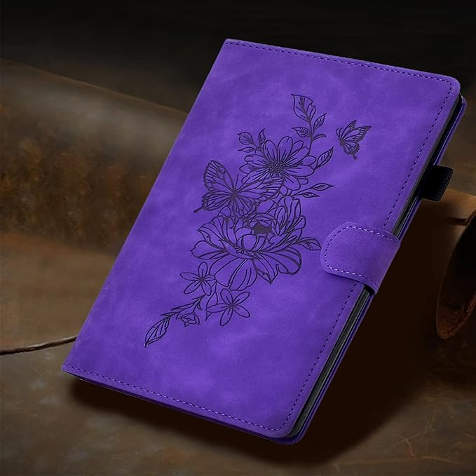 Folio Case for Amazon Kindle Fire HD 8/Fire HD 8 Plus (12th/10th Generation 2024/2022/2020) 8 with Stand/Pencil Holder [Auto Sleep/Wake] Embossed PU Leather Smart Cover Purple Butterfly Flower