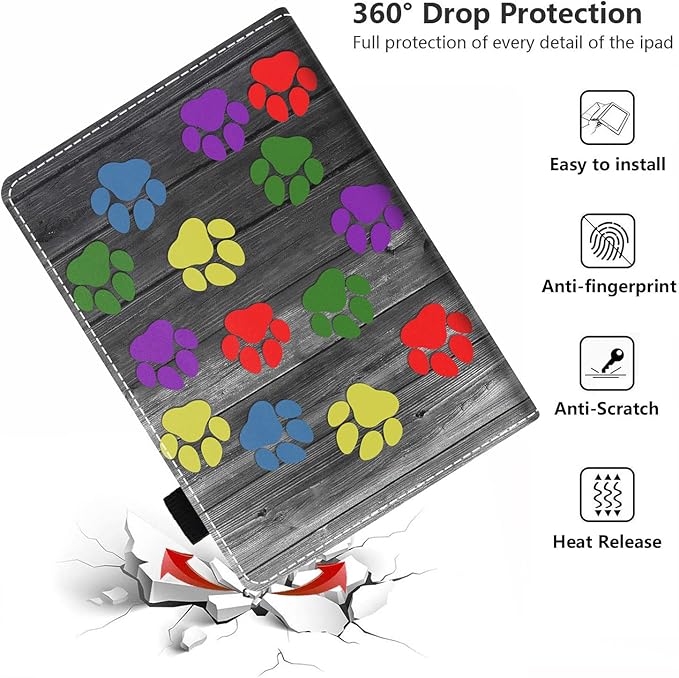 Case for Amazon Kindle Fire 7 Tablet (7 Display 9th/7th Generation 2019/2017 Release) - PU Leather Folio Case with Smart Auto Wake/Sleep Colorful Dog Paw Print on Wooden Board