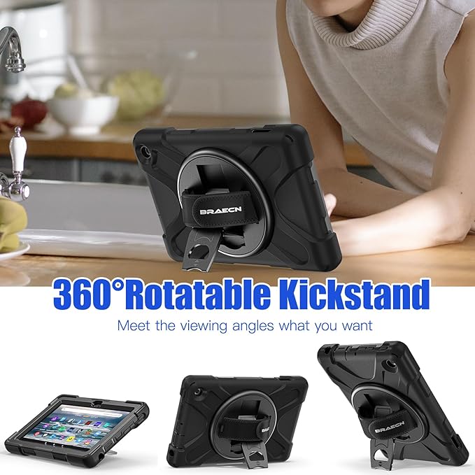 BRAECNstock for Amazon Fire 7 Tablet Case (12th Generation 2022 Release) 7 Shockproof Protective Kids Case with [Rotating Hand Strap] &amp Stand Pen Holder Shoulder Strap Black