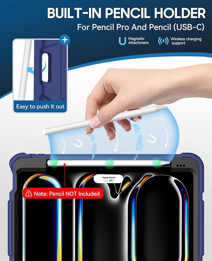 Case for iPad Pro 11 Inch Case (M5 2025/ M4 2024) with Pencil Holder Built-in Stand Military Grade Shockproof Protective Cover for iPad Pro 11 (Navy Blue)
