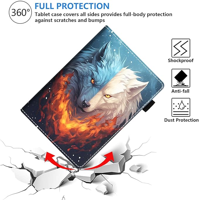 Case for Amazon Kindle Fire HD 10 &amp 10 Plus Tablet (13th/11th Generation 2023/2021 Release) 10.1 - Premium PU Leather Stand Cover with Smart Auto Wake Ice Wolf and Fire Wolf Combined