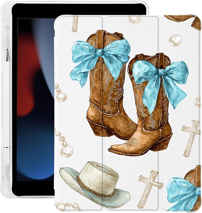 Cute Cowboy Boots Bow Hat for iPad 5th/6th Generation Case with Pencil Holder Auto Sleep/Wake White Leather Soft TPU Back Cover for iPad 9.7 Inch