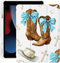 Cute Cowboy Boots Bow Hat for iPad 5th/6th Generation Case with Pencil Holder Auto Sleep/Wake White Leather Soft TPU Back Cover for iPad 9.7 Inch