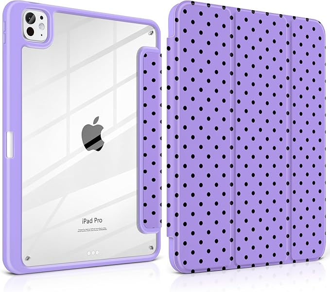 Case for iPad Pro 11 Inch (M5 2025 M4 2024) – [Built-in Pencil Holder] Shockproof &amp Stylish Clear Hard Back + Soft TPU Edge Magnetic Trifold Stand Auto Wake/Sleep Purple Polka dot
