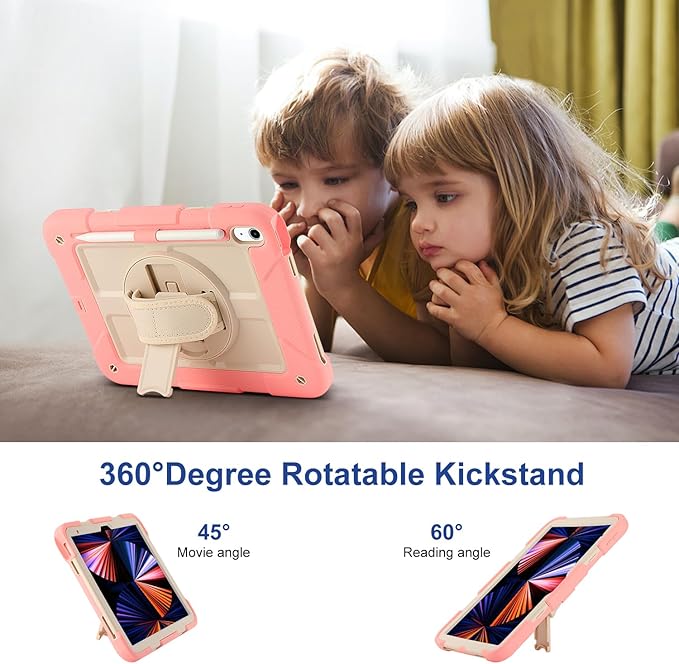 for iPad (A16) 11th Generation case11''(2025)/10th Generation case 10.9'' (2022)360°Rotatable Stand with [Screen Protector&ampPencil Holder&ampShoulder Strap] Shockproof Case (Pink+Beige)