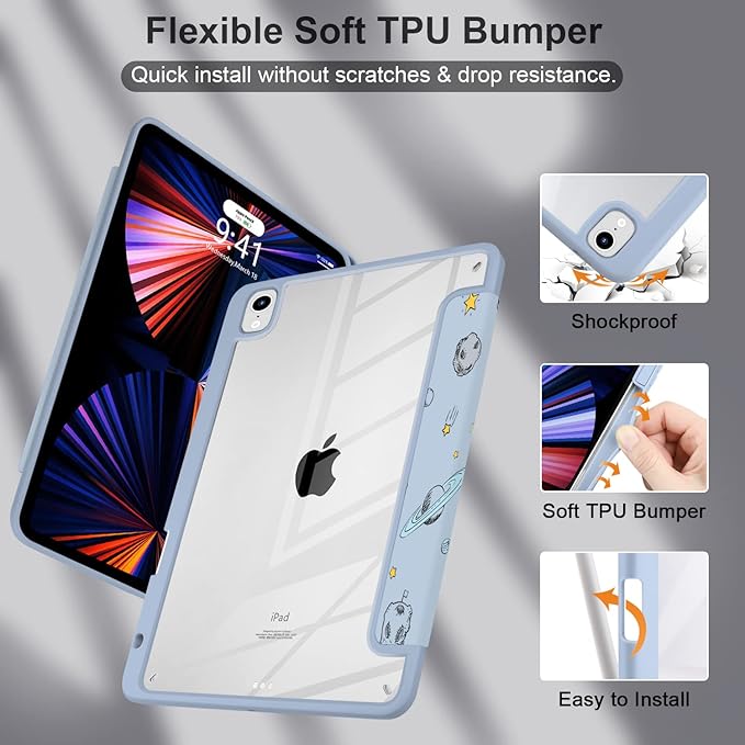 Batianda Hybrid Case for iPad Air 2022 (5th Generation M1 Chip) / iPad Air 4th 2020 10.9 inch [Built-in Pencil Holder] Shockproof Cover with Clear Back Shell TPU BumperOuter Space
