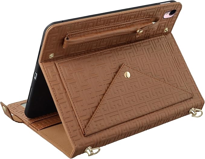 Elegant Crossbody Folio Stand Wallet Case w/Pencil Holder Card Slots Hand Strap Shoulder Strap Brown