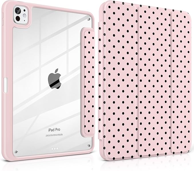 Case for iPad Pro 11 Inch (M5 2025 M4 2024) – [Built-in Pencil Holder] Shockproof &amp Stylish Clear Hard Back + Soft TPU Edge Magnetic Trifold Stand Auto Wake/Sleep Pink Polka dot