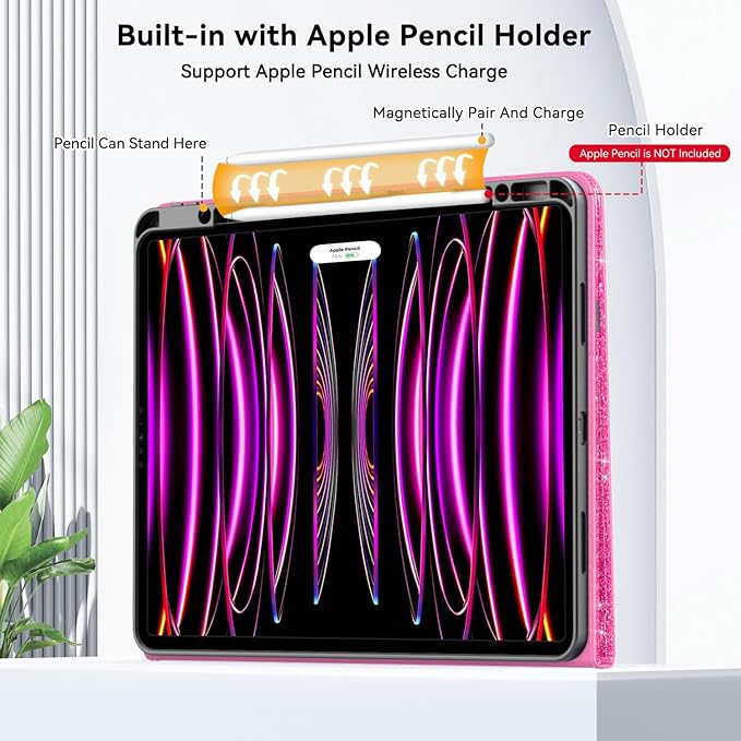 Case for New iPad Pro 12.9 inch 6th/5th/4th/3rd Generation 2022/2021/2020/2018 12.9'' ipad Pro Leather Protective Cover 6/5/4/3 Gen with Pencil Holder Auto Wake/Sleep Glitter Pink