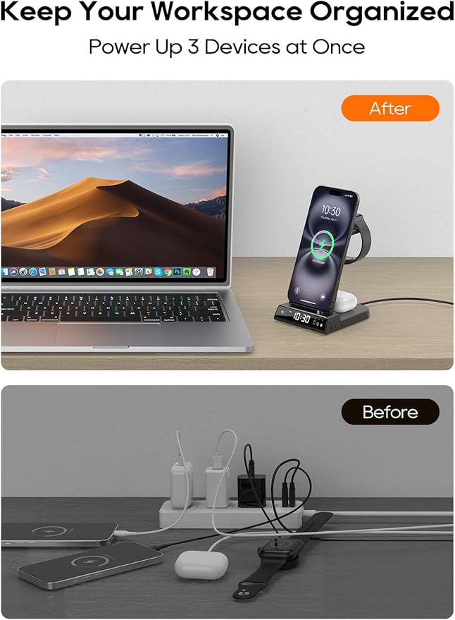 Wireless Charger for Apple Charging Station 3 in 1 Charging Station with Clock for iPhone 17/17 Pro/17 Pro Max/16/15 Series Watch Charger Stand for iWatch 10/9/8/AirPods (Adapter Included)