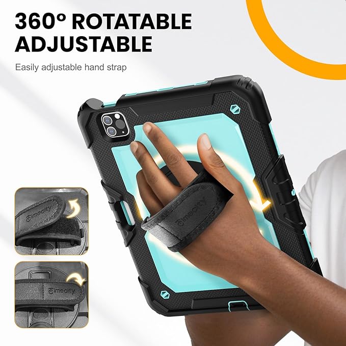 Timecity Case for iPad Pro 11 inch 2022/2021 (4th/ 3rd Generation) Shockproof with Screen Protector Swivel Stand Handle Shoulder Strap Pencil Holder Case for iPad Pro 11 Inch- Light Blue