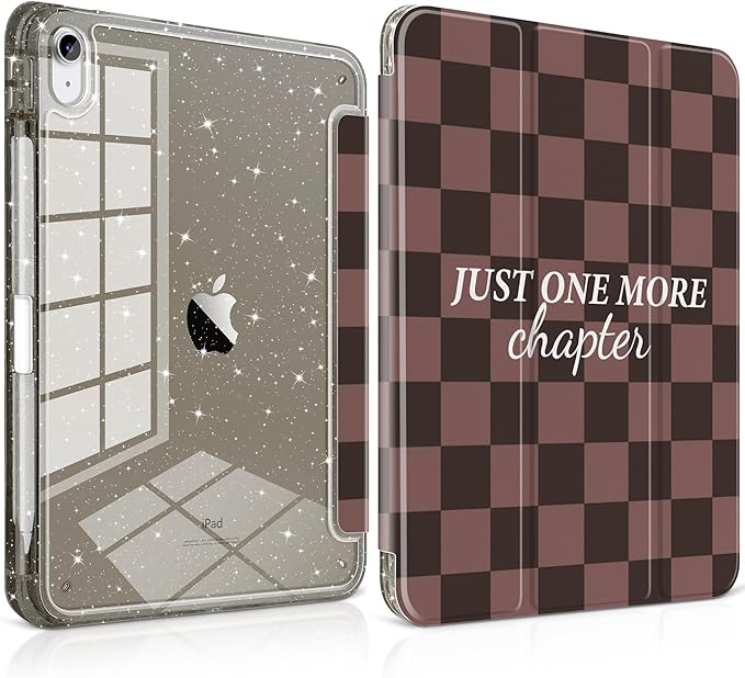 TWOLSKOO Sparkly Case for iPad Pro 11 inch (M5 2025 / M4 2024) Glitter Hard Acrylic Back with Pencil Holder Slim Trifold Stand Folio Cover Auto Sleep/Wake Brown Checkerboard