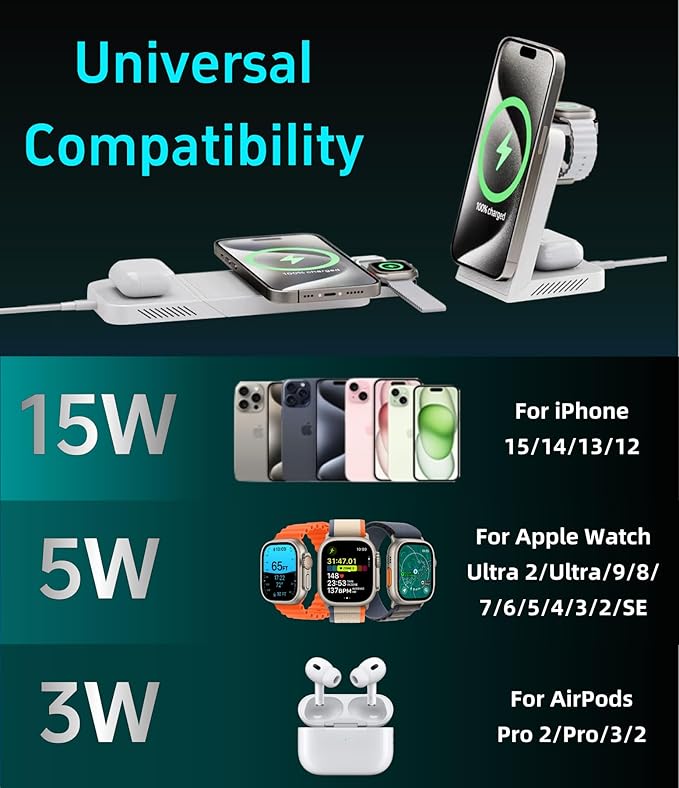 3-in-1 Fast Wireless Charging Station Multiple Devices MagFree Transform 15W Magnetic Travel Charger Stand for iPhone 16/15/14/13/12 5W Apple Watch Fast Charger AirPods - 30W USB-C Charger Included
