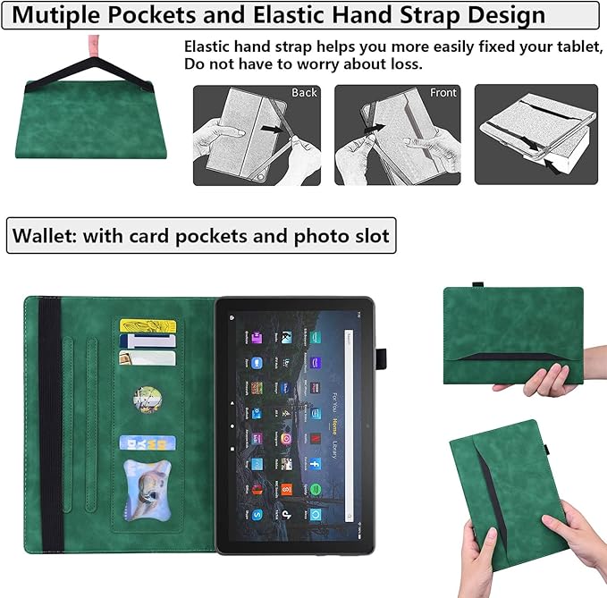 for Amazon Kindle Fire HD 10 &amp Fire HD 10 Plus Tablet Case 13th/11th Generation 10.1 (2023/2021) Folio Stand Embossed PU Leather Wallet Cover with Pencil Holder/Document Card Pockets Green