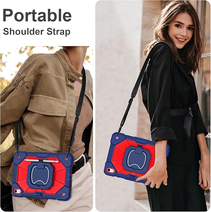 Case for iPad (A16) 11th Generation 11 Inch (2025) iPad 10th Generation Case 10.9 Inch (2022) Shockproof Cover with 360° Rotating Stand Screen Protector Pen Holder Shoulder Strap Navy Red