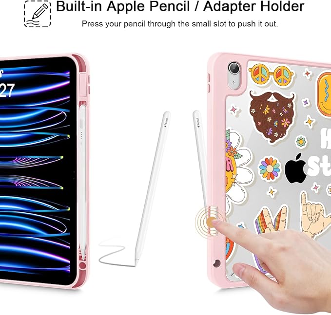 Case for iPad (A16) 11th Generation 11 Inch (2025) iPad 10th Generation 10.9 Inch (2022) Shockproof Cover with Clear Transparent Back Shell &amp Pencil Holder Groovy Hippie Stickers