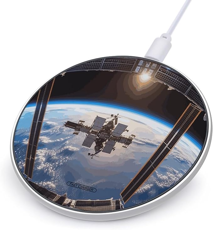 International Space Station Picture Wireless Charger Fast Wireless Charging Pad with USB Cable 10W Anti-Slip Magnetic Wireless Charger Portable Slim Charger Puck Travel Charging Station