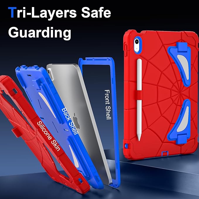 Kids Case for iPad 10th/11th Gen (10.9/11 Inch 2022/2025 A16) – Shockproof 360° Full-Body Protection Cover with Screen Protector Stand &amp Pencil Holder – Boys’ Anti-Drop Design-RED Blue