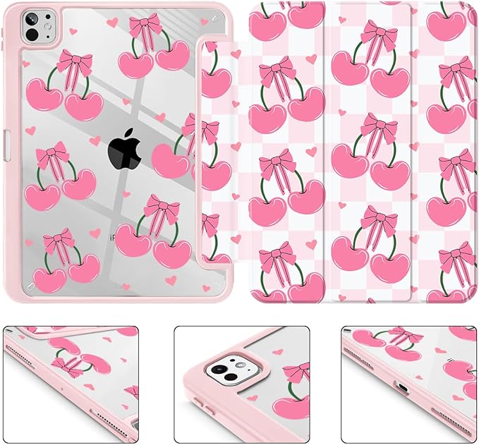 May Chen Case for iPad Pro 11-Inch M5/M4 2025/2024 (6th/5th Generation) Clear Transparent Print Back Shell Slim Stand Shockproof Tablet Cover Auto Wake/Sleep Pink Cherries &amp Bows