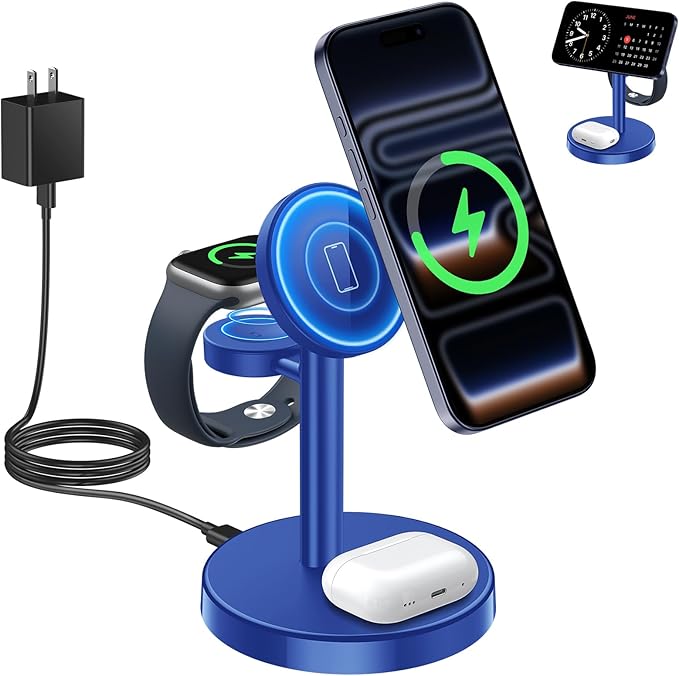 2026 3 in 1 Wireless Charging Station Compatible with MagSafe 15W Fast Magnetic Mag-Safe Charger Stand for Apple iPhone 17 16 15 14 13 12 iWatch AirPods Pro 4 3 2 Blue