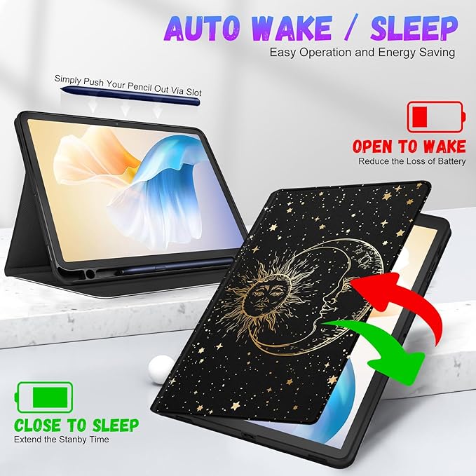 for Samsung Galaxy Tab S9 Plus Case 12.4 Inch 2023 for Women Girls Cute Folio Cover with Pencil Holder Aesthetic Design Girly Kawaii Sun Moon Stars Tablet Case