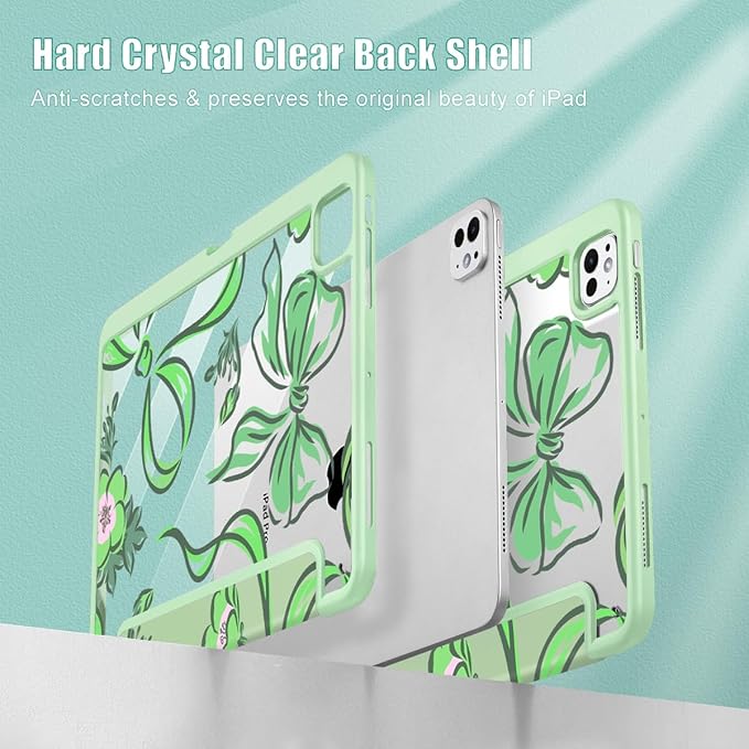 Mektron Case for M5/ M4 iPad Pro 11 inch 2025/2024 with Pencil Holder Compatible Models: A3357/A3358/A3359/A2836/A2837/A3006 Shockproof Cover Clear Shell Flowers-Bows-Green