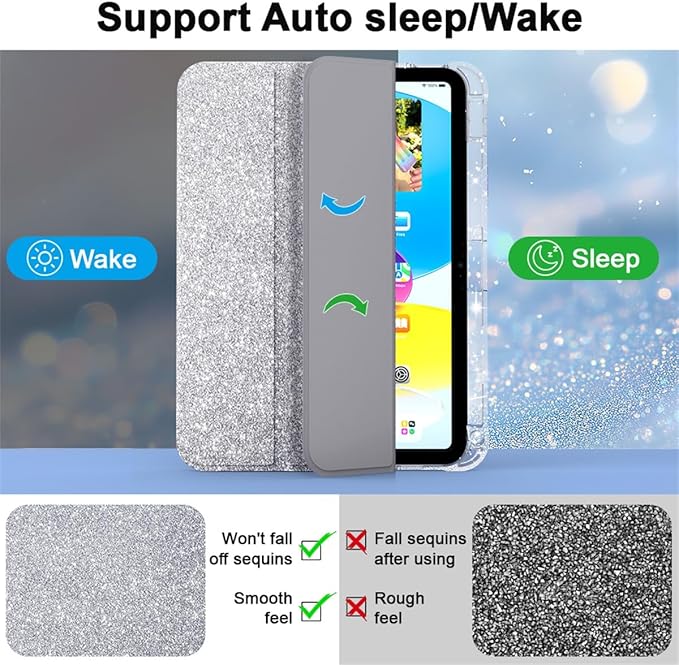 Case for iPad (A16) 11th Generation 11 inch 2025 &amp iPad 10th Generation 10.9 inch 2022 with Stand/Pencil Holder [Auto Wake/Sleep] Glitter Bling PU Leather &amp Clear Soft TPU Back Shell Silver