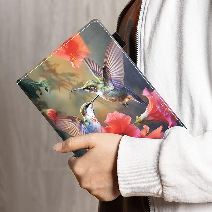 Case for All-New Amazon Kindle Fire HD 10 &amp 10 Plus Tablet 10.1 (13th/11th Generation 2023/2021 Release) - PU Leather Folio Case with Smart Auto Wake/Sleep - Hummingbird Flowers