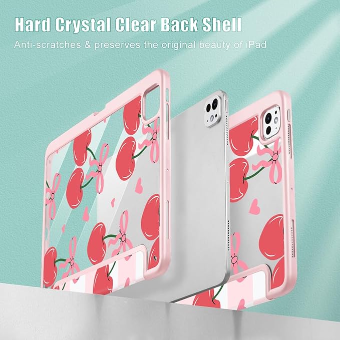Mektron Case for M5/ M4 iPad Pro 11 inch 2025/2024 with Pencil Holder Compatible Models: A3357/A3358/A3359/A2836/A2837/A3006 Shockproof Cover Clear Shell Cherries Bows C353