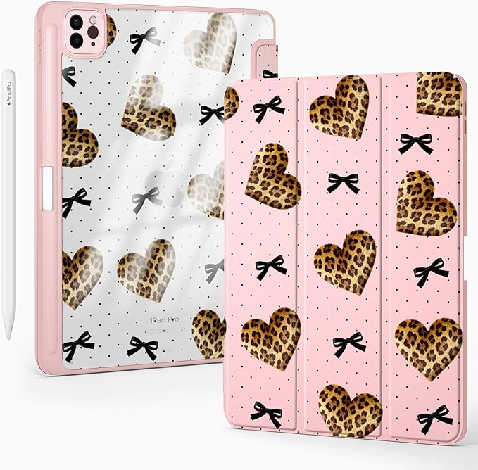 Cute Leopard Print Heart Bow for iPad Air 11 Inch Case 7th/6th Generation (M3/M2) 2025/2024 with Pencil Holder Auto Sleep/Wake Pink Leather Clear Acrylic Back Cover