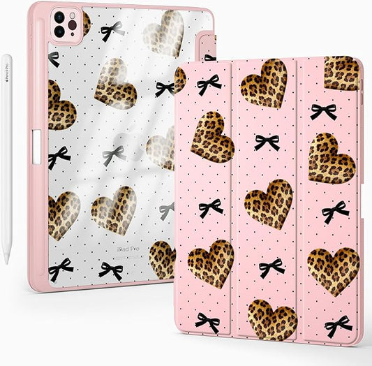 Cute Leopard Print Heart Bow for iPad Air 11 Inch Case 7th/6th Generation (M3/M2) 2025/2024 with Pencil Holder Auto Sleep/Wake Pink Leather Clear Acrylic Back Cover