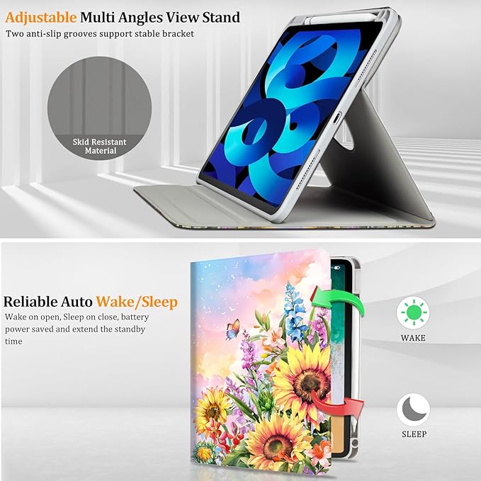 Lokigo Rotating Case for iPad Air 11 M4/M3/M2 (2026/2025/2024) iPad Air 5th/4th Gen (2022/2020) 10.9 Inch iPad Pro 11 Inch (4th/3rd/2nd/1st) 360 Degree Stand Cover with Pencil Holder Sunflower