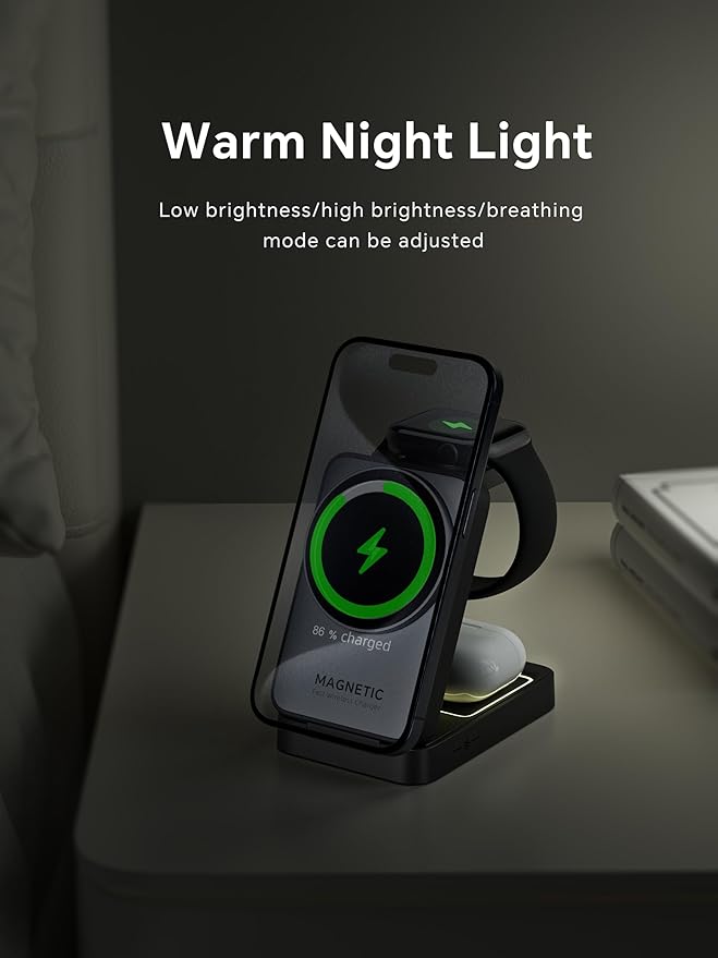 MALOM W91 3-in-1 Multifunctional Wireless Magnetic Charger for iPhone Apple Watch AirPods Foldable Nightlight (Black)