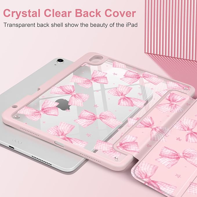 DONGKE Case for iPad Air 11-inch M4 2026 &amp M3 2025 &amp M2 2024 iPad Air 5th/4th Generation 10.9 2022/2020 [Built-in Pencil Holder] Clear Acrylic Back Trifold Stand Smart Cover Gingham Bows