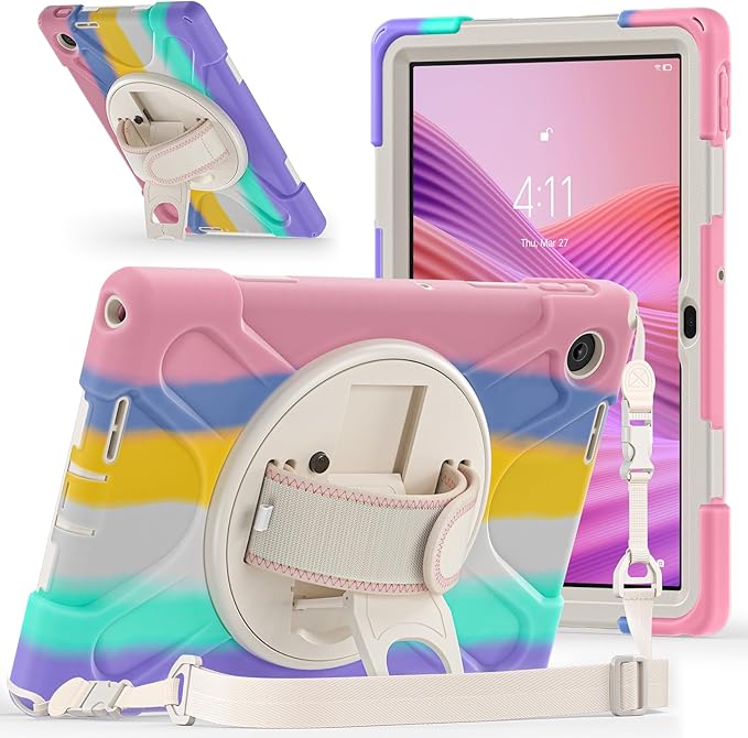 Tablet Case Compatible with Lenovo Tab 10.1(TB-311XU) /K10C TB311FU 2025 Case Protective Heavy Duty Rugged Shockproof Drop Protection Cover Shoulder Strap for Kids Silicone Cover(Pink c)